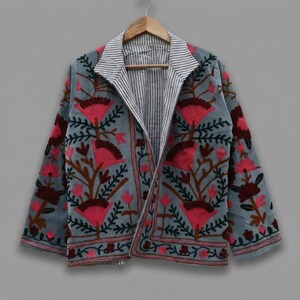 Velvet Suzani Jacket, Hand Embroidered Sujani Jacket, Bohemian Embroidery Reversible Jacket, Blue Jacket, Gifts For Her, Halloween Gifts image 1