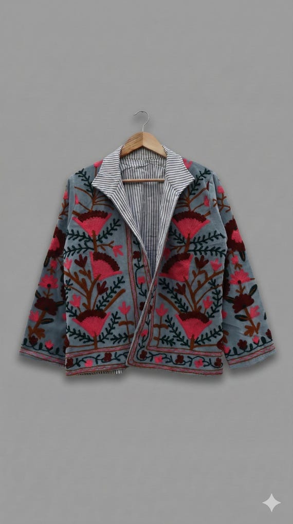 Velvet Suzani Jacket, Hand Embroidered Sujani Jacket, Bohemian Embroidery Reversible Jacket, Blue Jacket, Gifts For Her, Halloween Gifts