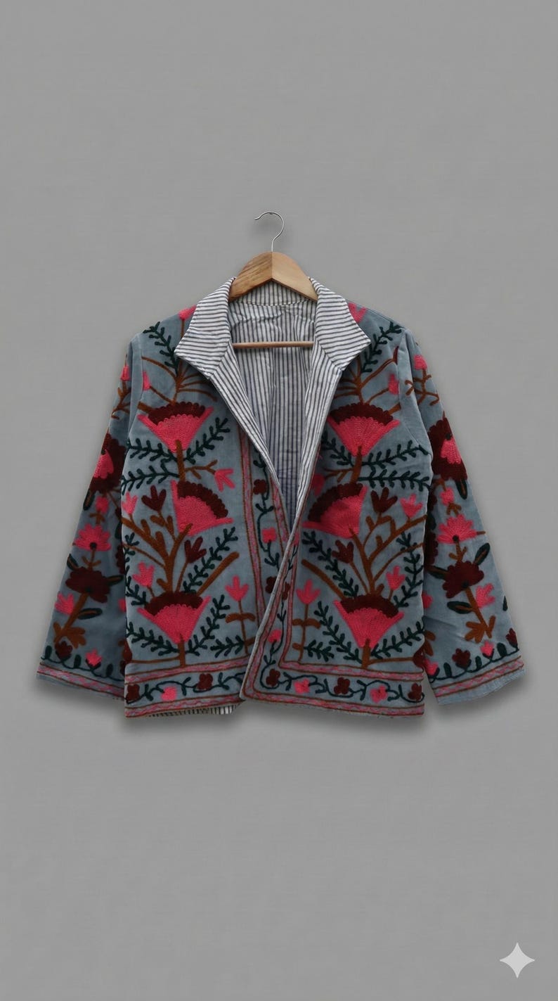 Velvet Suzani Jacket, Hand Embroidered Sujani Jacket, Bohemian Embroidery Reversible Jacket, Blue Jacket, Gifts For Her, Halloween Gifts image 1