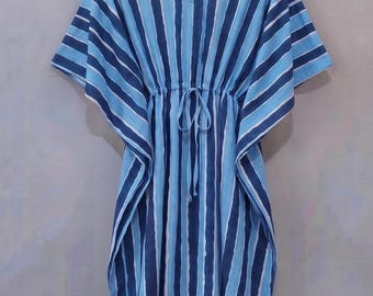 100% Cotton Block Print Kaftan, Adjustable Waist Maxi Dress, Beach Cover-Up