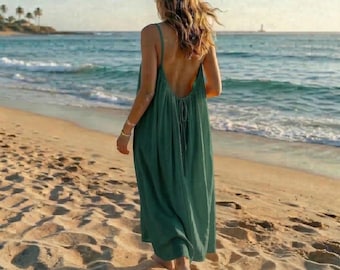 ボヘミアン風コットンミディドレス、夏のビーチサンドレス