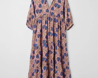Indische Baumwolle Block Print Kyra Midi Sommer Maxi Boho Umstandskleid für Frauen