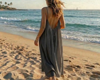 インド綿ミディドレス、ボヘミアン風Vネック、ノースリーブ、オープンバック、サマースタイル