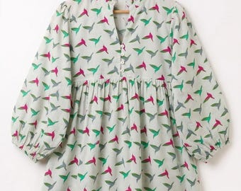 Block Print Cotton Midi Dress: Bird Print Deep Neck Summer Dress