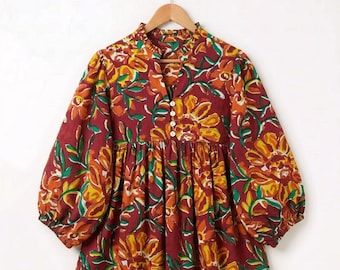 Block Print Cotton Midi Dress: Floral Deep Neck Summer Dress