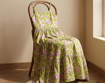 Boho Ärmelloses Sommerkleid Kyra Blumen Block Print Midikleid, Minikleid, Baumwollsommerkleid, Kleider für Frauen