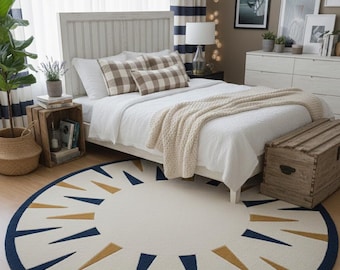 Hand-Tufted Round Rug | Navy & Mustard Sunburst, NZ Wool Carpet