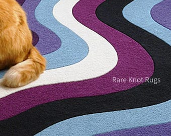 Hand-Tufted Psychedelic Wool Rug, Colorful Abstract Waves