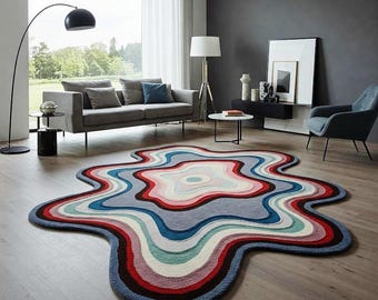Handmade Psychedelic Wool Rug – Abstract Multicolor Accent Carpet