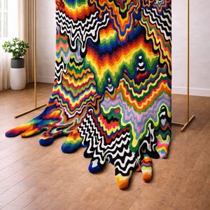 Könnte beinhalten: Ein lebendiger, abstrakter Teppich mit einem farbenfrohen, wellenförmigen Design. Der Teppich weist ein Farbspektrum auf, darunter Rot, Orange, Gelb, Grün, Blau und Lila, mit schwarz-weißen Akzenten. Der Teppich wird auf einem goldenen Metallgestell präsentiert.