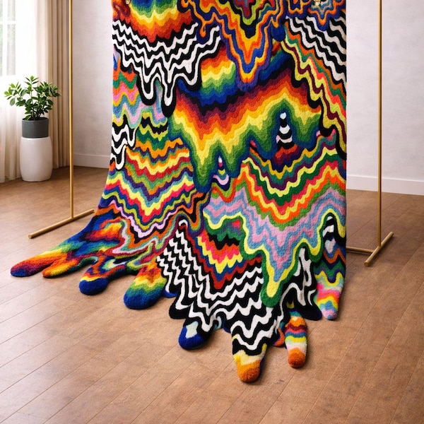 Technicolor Melt Handtufted Rug – Psychedelic Rainbow Wool Statement Carpet