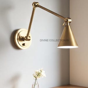 Modern Brass Wall Sconce with Adjustable Arm – Mid Century Cone Shade Wall Light – Vintage Brass Lamp for Bedroom, Reading, Office