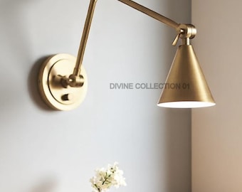 Mid Century Modern Brass Wall Sconce: Adjustable Arm Cone Shade