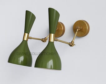 Mid Century Modern Olive Green Double Wall Sconce – Adjustable Brass Light
