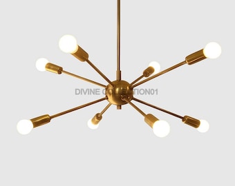 Handgefertigte Messing Sputnik Kronleuchter | Mid Century 8-flammige Pendelleuchte