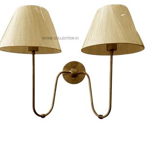 Double Arm Brass Wall Sconce with Fabric Shades – Vintage French Style Wall Light – Classic Handmade Brass Fixture for Bedroom, Living Room
