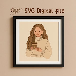 Könnte beinhalten: Gerahmter digitaler Kunstdruck mit einer Frau, die eine Kaffeetasse hält. Die Frau hat lange braune Haare und trägt einen cremefarbenen Rollkragenpullover. Der Text "SVG Digital file" wird oben im Bild angezeigt.