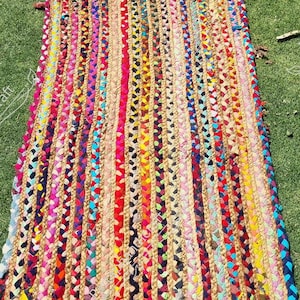 Handwoven Jute Braided Area Rug: Bohemian Modern Home Decor recycled cotton rug