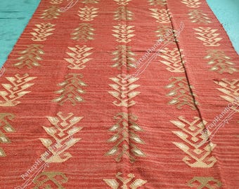 Handwoven Wool Kilim Rug: Red Indian Dhurrie, Jute Accents