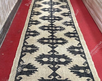 Handwoven Wool Jute Kilim Runner Rug: Traditional Indian Design