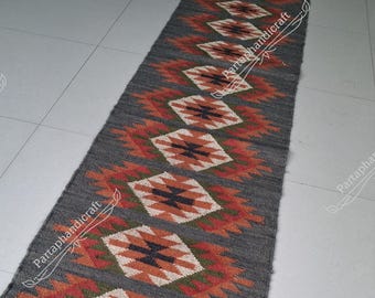 Handwoven Wool Jute Kilim Runner: Bohemian Turkish Rug