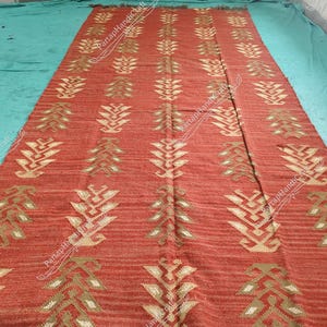 Handwoven Wool Kilim Rug: Red Indian Dhurrie, Jute Accents