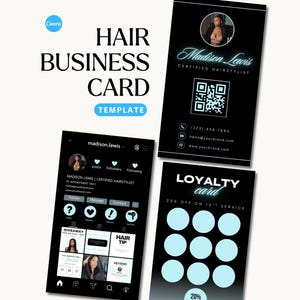 May include: A black business card template for a hair stylist, featuring the name "Madison Lewis" and contact information. Includes a QR code and a loyalty card design with a 20% discount offer. Also shows an Instagram profile.