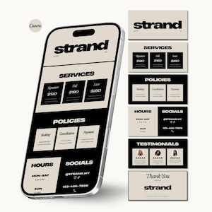 May include: A smartphone screen showcases a website for "strand", detailing services, policies, opening hours, and social media handles. The design uses a black and beige colour scheme. Additional cards display service pricing.