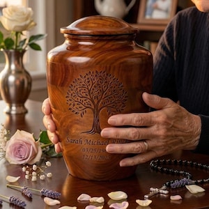 Op de afbeelding: Een houten urn met een boomontwerp en gegraveerde tekst. De urn wordt door een persoon vastgehouden. De scène omvat bloemen, een vaas, boeken en een kustzicht op de achtergrond. De urn heeft de naam "Sarah Michael Rintala" en data.