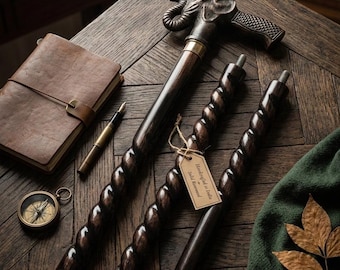 Handcrafted Elephant Brass Handle Walking Stick – Spiral Beach Wood Cane (Collapsible)