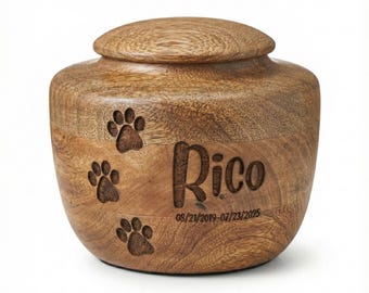 Personalized Pet Urn for Dog Ashes - Engraved Mango Wood with Paw Prints