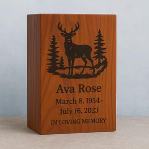 Handmade Wooden Deer Cremation Urn: Engraved Forest Memorial Box