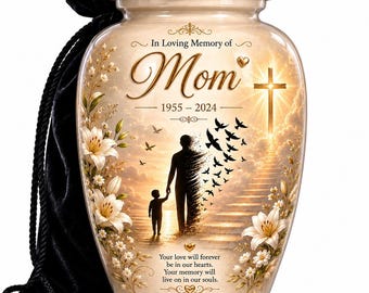 Könnte beinhalten: Cremationsurne in Creme mit goldenem Rand und Deckel, mit der Aufschrift "In Loving Memory of Mom" und den Daten 1955-2024. Das Design umfasst ein Kreuz, eine Silhouette von Eltern und Kind sowie florale Akzente. Links ist ein schwarzer Samtbeutel.