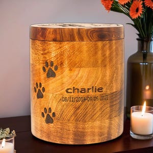 Handmade Mango Wood Pet Urn: Engraved Dog Memorial, Paw Prints