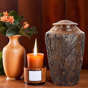 May include: A wooden urn with a bark-like texture stands next to a lit orange candle in a wooden holder. A wooden vase with orange flowers and greenery is on the left. The background is a dark wood panel.