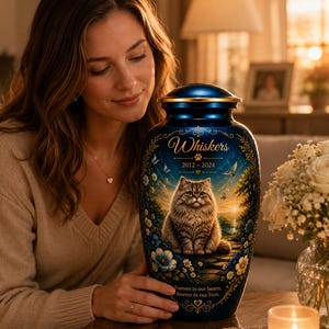 Peut inclure: Urne funéraire bleue avec un bord et un couvercle dorés. L'urne présente une illustration détaillée d'un chat, entouré de fleurs et de papillons. Le texte sur l'urne indique "Whiskers 2012-2024" et "forever in our hearts, forever in our lives."