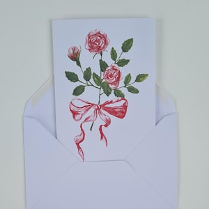 Bouquet de roses rouge vif avec illustration d'un noeud de ruban rouge | Carte de voeux A6 avec enveloppe blanche assortie