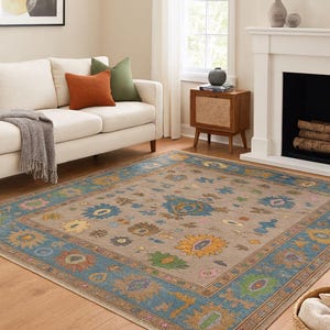 Blue Oushak Rug – Hand-Knotted Traditional Turkish Style Carpet, Vintage-Inspired Oriental Wool Area Rug for Living Room & Bedroom Decor