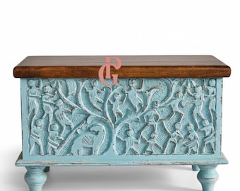 Handcrafted Blue Wooden Storage Trunk | Boho Carved Blanket Box