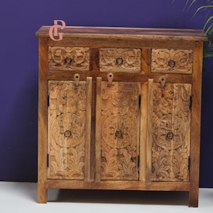 Hand Carved Mango Wood Sideboard: Solid Wood Storage Cabinet