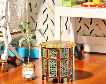 Hand Painted Round Wooden Side Table | Indian Floral Accent Table | Boho Coffee Table | Colorful Carved End Table | Ethnic Home Decor
