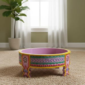 May include: A round, low wooden table with a pink interior and ornate painted exterior. The exterior features yellow, green, and red accents with floral and geometric patterns. The table is supported by short, decorative legs.