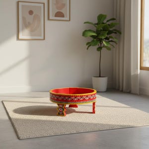 May include: A small, round, red wooden table with decorative yellow and white painted trim. The table has short legs and sits on a neutral-colored rug. The table is in a room with a plant and artwork.