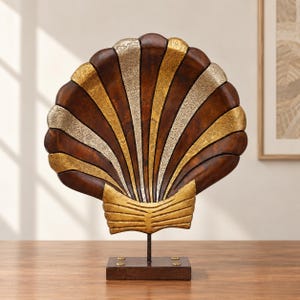 Handpainted Metal Shell Sculpture, Coastal Tabletop Decor, Fan Shell Figurine, Shalf Display Stand, Living Room Accent, Artistic Home Gift