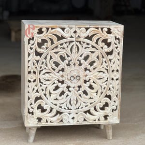 Carved Mango Wood Boho Cabinet: Distressed White Nightstand with Shelf