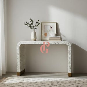 Bone Inlay Console Table: White Wood with Brass Legs, Credenza. Modern Entryway Accent Table. luxury home decor