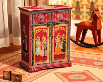 Hand-Painted Mango Wood Cabinet | Rajasthani Miniature Art Furniture