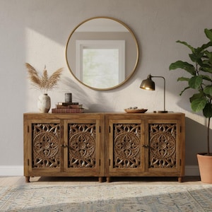 Aparador de madera con puertas de paneles tallados a mano / Vitrina buffet de madera / Mueble de salón / Mueble auxiliar para recibidor