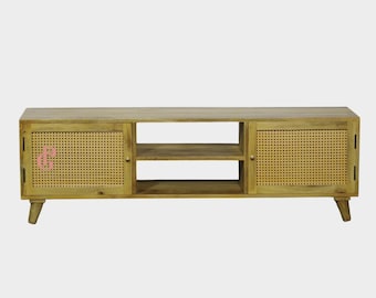 Wooden TV Unit Media Console Cane Panel Doors Storage Cabinet Entertainment Stand Shelf Organizer Living Room Display Furniture Setup