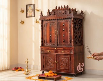 Sheesham Wood Pooja Mandir: Indian Temple with Brass Bells & LED Light